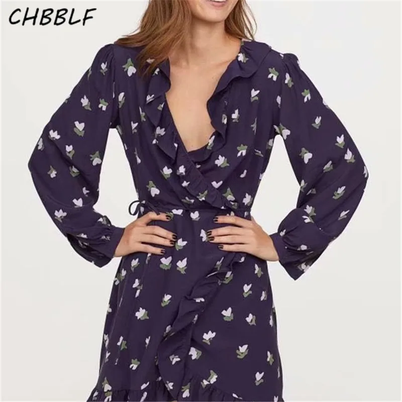 Платье CHBBLF женское винтажное мини-платье с длинным рукавом и цветочным принтом |