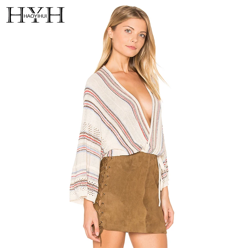 HYH HAOYIHUI Striped Color Block Batwing Sleeve Hollow Out Belt Bow Thin Sweater 2018 New Arrival Casual V-neck Hot | Женская одежда