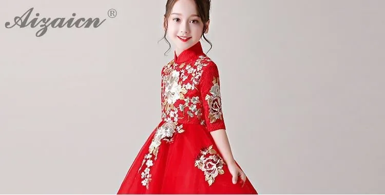 Детская одежда Cheongsam детское платье кружевное платье Ципао красного цвета принцесс вечерние платья с вышивкой в китайском одежда на год Qi Pao