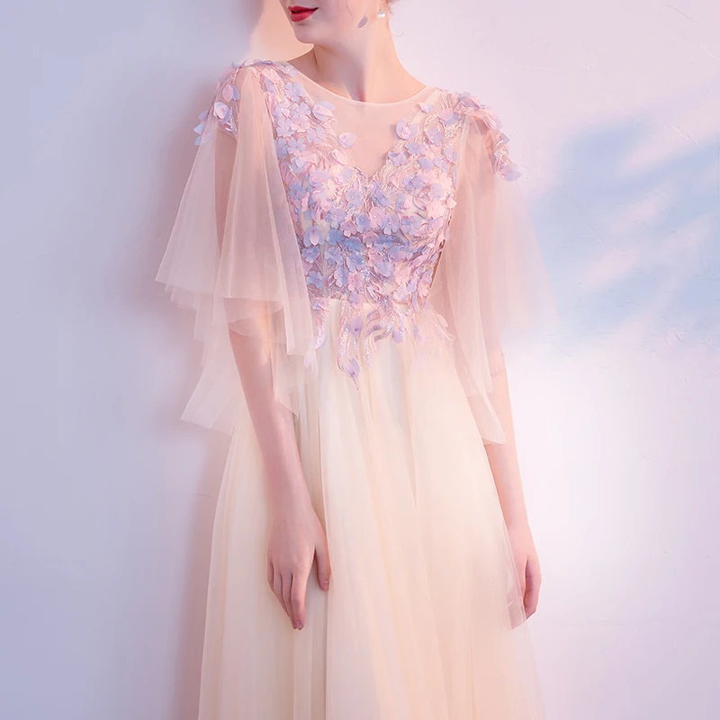 He's Bride Champagne New Elegant Evening Dresses Scoop Half Sleeves Floor-Length Simple Prom Party Gown Robe De Soiree | Свадьбы и