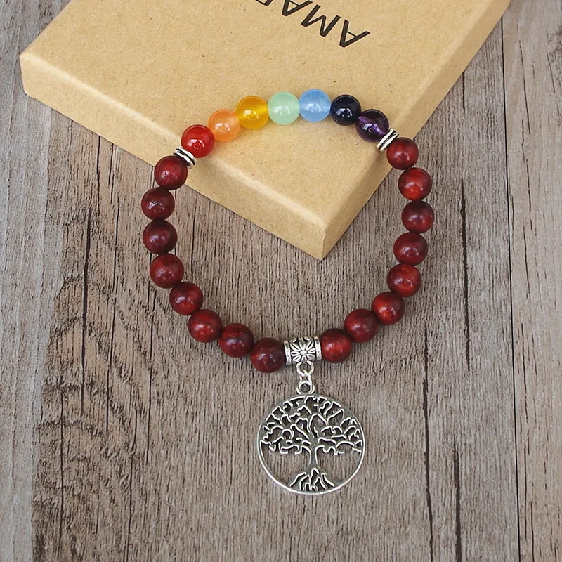 Браслет чакра ручной работы сделай сам 7 чакр темно красные деревянные бусины|mala