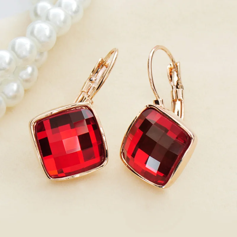 Women's Gift: Square Crystal Earrings in Rose Gold with Brown, Blue, Green, Purple, and Red Geometry by MOONROCY image 5