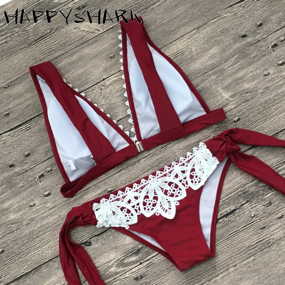 HAPPYSHARK Кружевной Край Бикини купальник женский летний винно-красный сексуальный