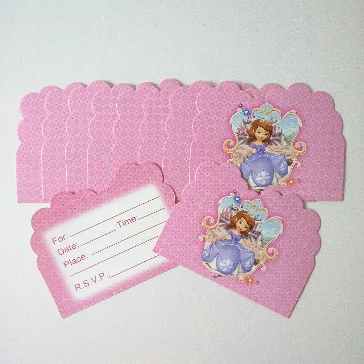 Invitation card 10pc Дисней София предметы для вечеринки принцессы салфетки подсвечник тарелки чашки ножи и вилки ложки попкорн украшения на день рождения - Цвет: Invitation card 10pc