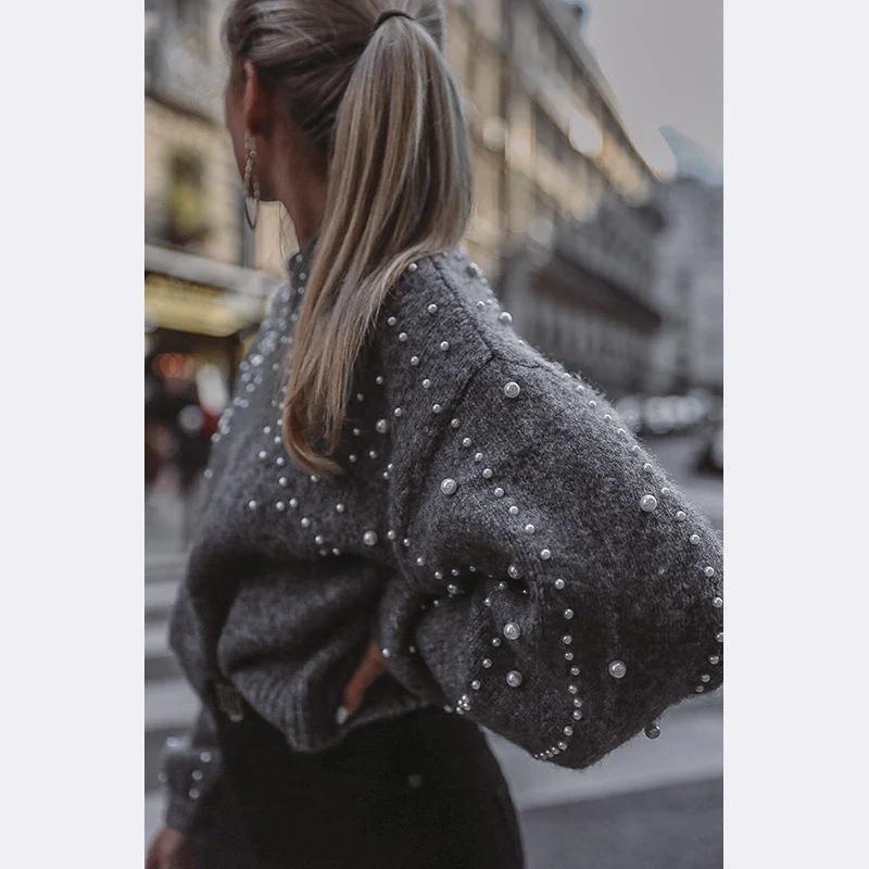 Self Duna 2019 Autumn Winter Pearl Sweater Pullover Loose Vintage Jumper Warm Grey Short Women Knitted Pull Femme | Женская одежда