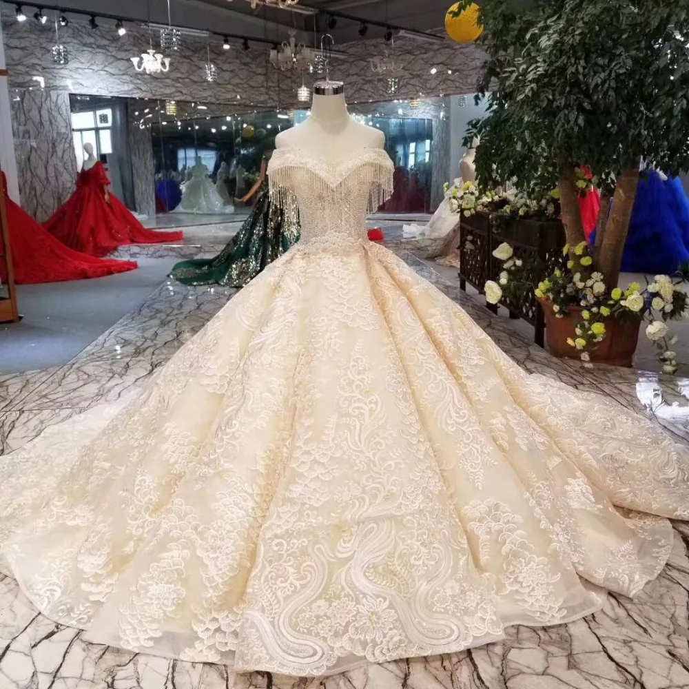 Luxury Wedding Gowns off Shoulder Tassel Beading Beads Champagne Embroidery Ball Gown Dresses 2019 New vestido de noiva | Свадьбы и