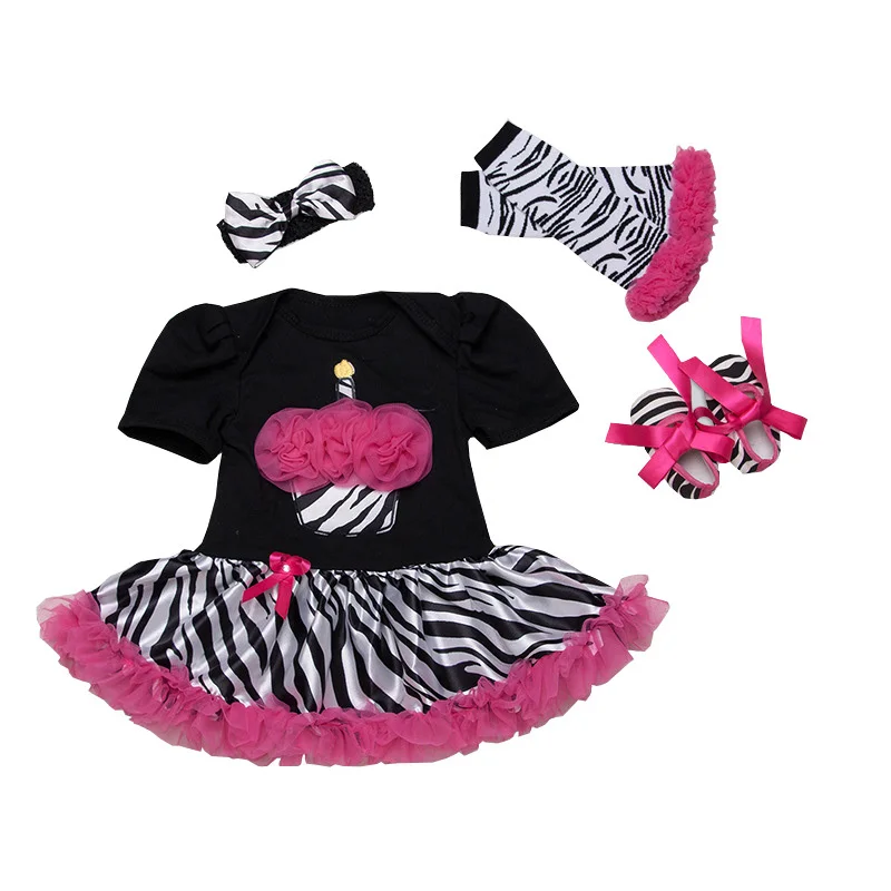 Baby Birthday Clothes Black Zebra Girl Romper Headband Sock Shoes 4pcs Set Cupcake Tutu Roupa Newborn | Детская одежда и обувь