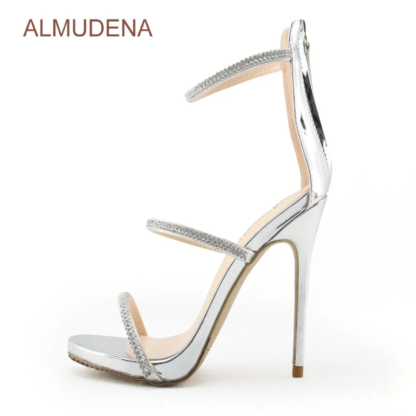 ALMUDENA/Лидирующий бренд; босоножки с кристаллами; Цвет серебристый, черный; шикарные модельные туфли со стразами; пикантные стринги на шпильке; свадебные туфли-лодочки - Цвет: silver as picture