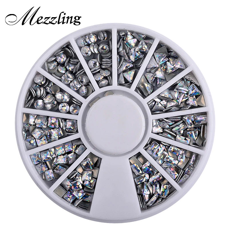 

1 Box Laser Silver Metal Nail Rhinestone Studs Decoration Wheel Square Round Triangle Shaped Glitter 3D Nail Beauty Tools
