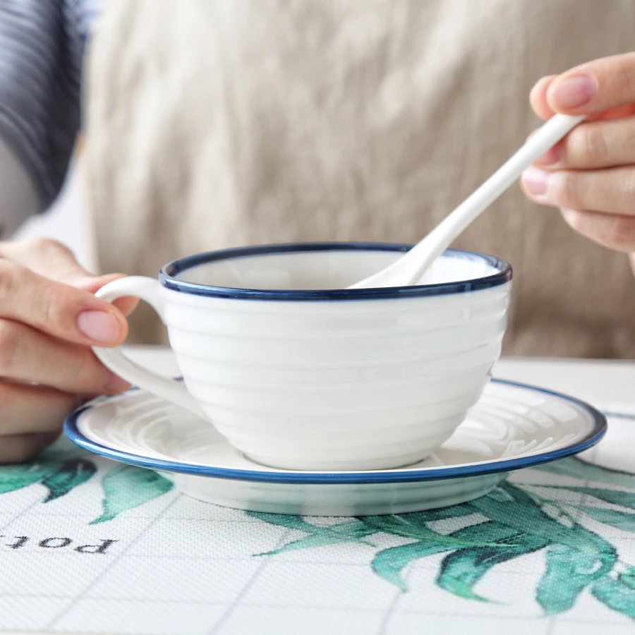 MUZITY Ceramic Coffee Cup and Saucer Thread Design with Dark Blue Line Porcelain Tea Set Drinkware | Дом и сад