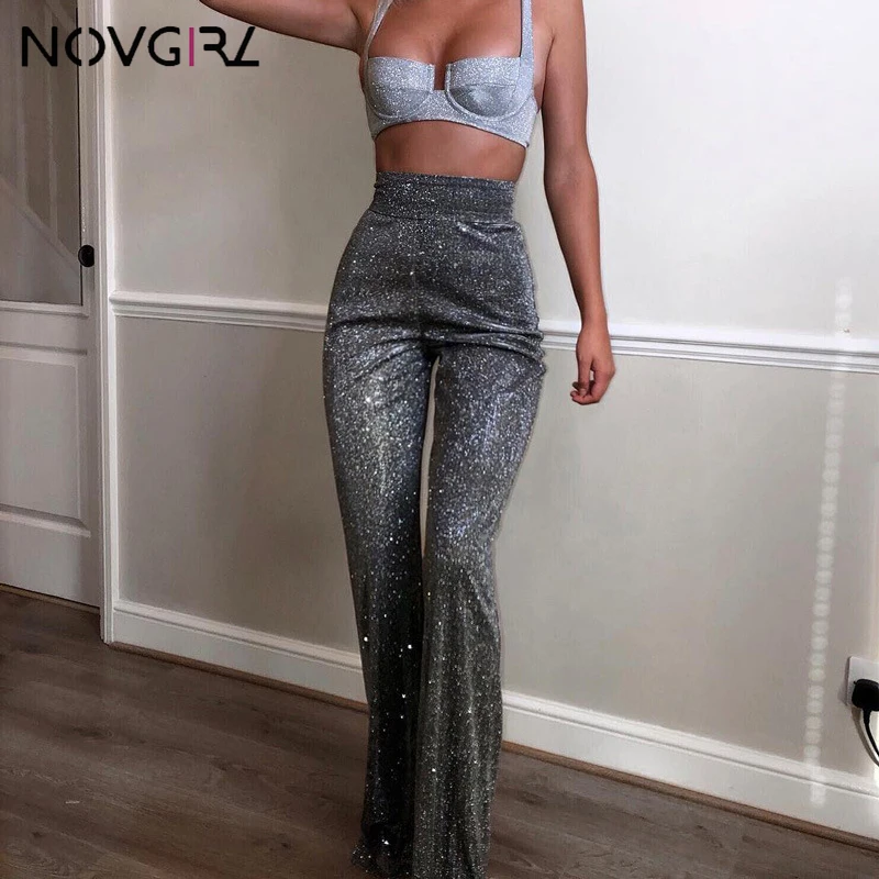 Женские широкие брюки Novgirl длинные Блестящие Брюки с люрексом и высокой талией