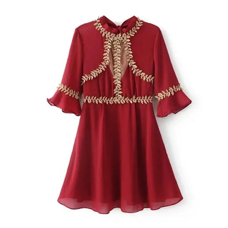 Лето 2017 г. женщины красный лук Lace Up О образным вырезом с Сетчатое платье пикантные