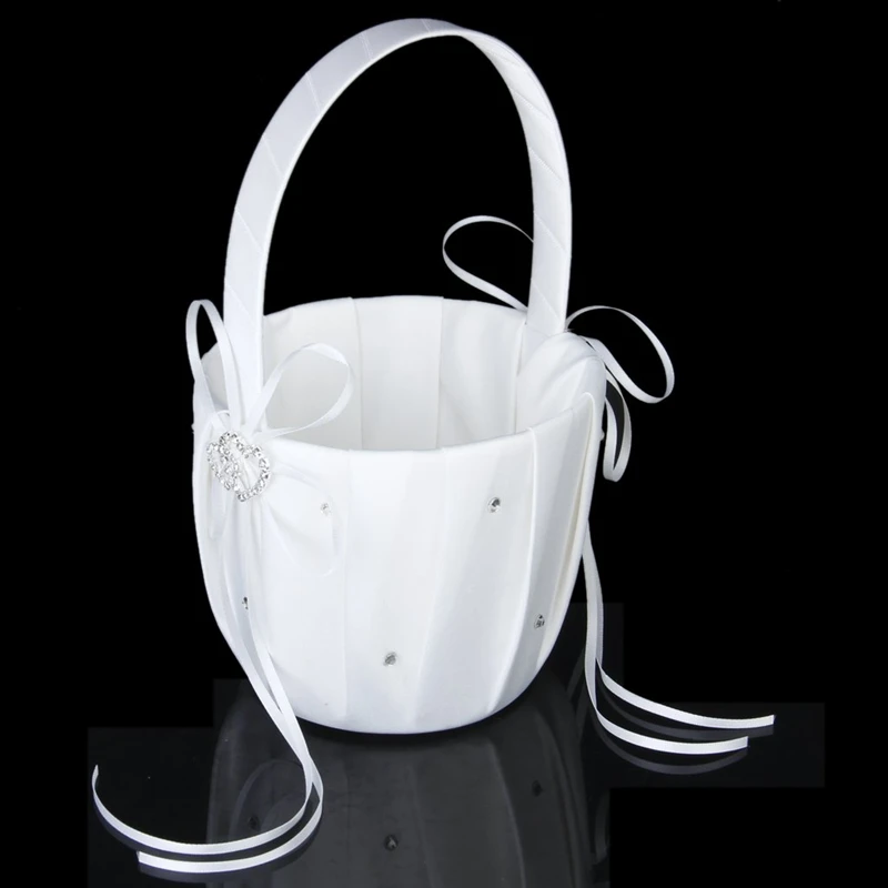 Promotion! Double Heart Wedding Flower Girl Basket Rhinestone Decor White | Дом и сад