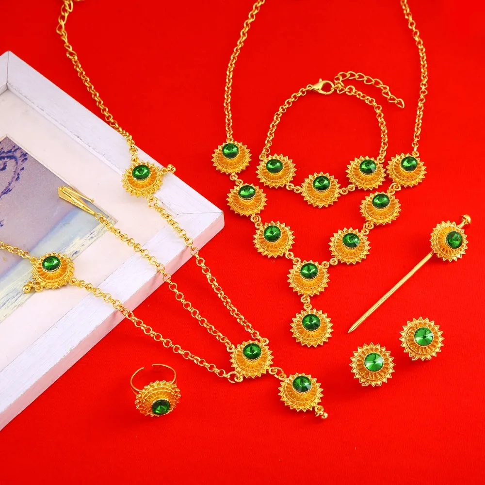 Ethiopian African Wedding New Cross Necklace Earrings Ring Bracelet Hairpin Hair Chain Accessory Jewelry Sets | Украшения и
