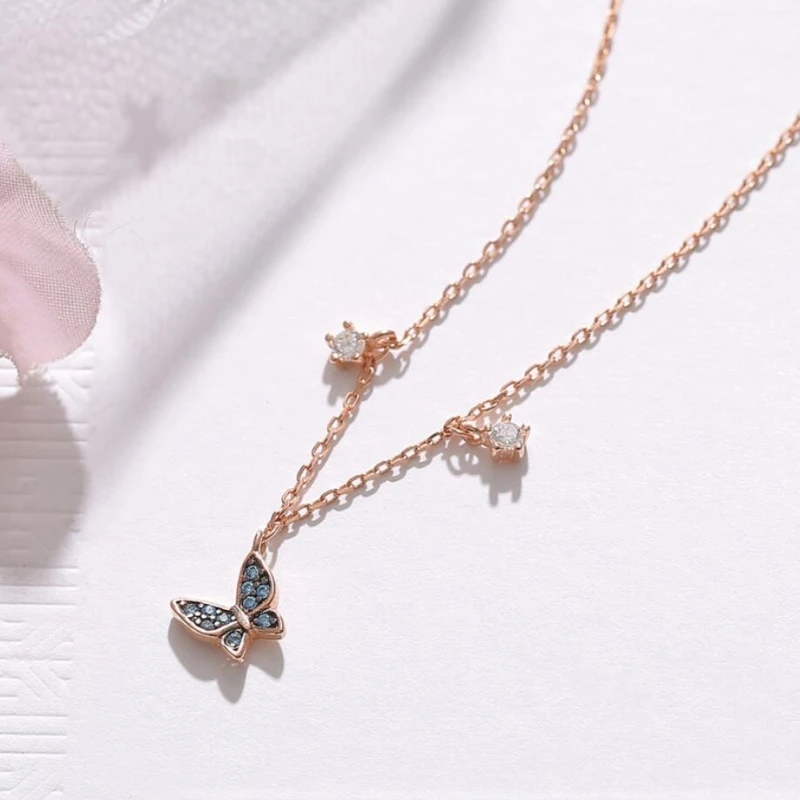 Blue Butterfly Clavicle Chain Rose Gold Fresh Cute Simple Student Gift 925 Sterling Silver Temperament Female Necklace SNE312 | Украшения и