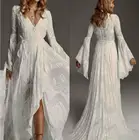 Богемное свадебное платье 2019 с V-образным вырезом, кружевное пышное платье невесты с длинными рукавами в стиле бохо, Пляжное свадебное платье большого размера на заказ