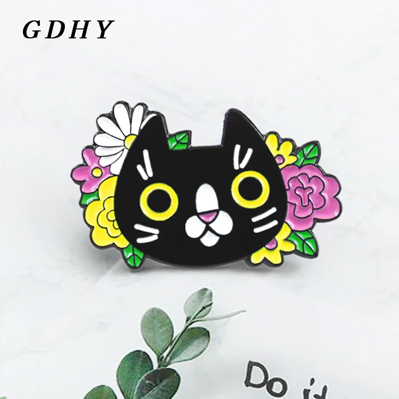 GDHY черная кошка Красочные цветы брошь мультфильм Черные Животные эмалевые