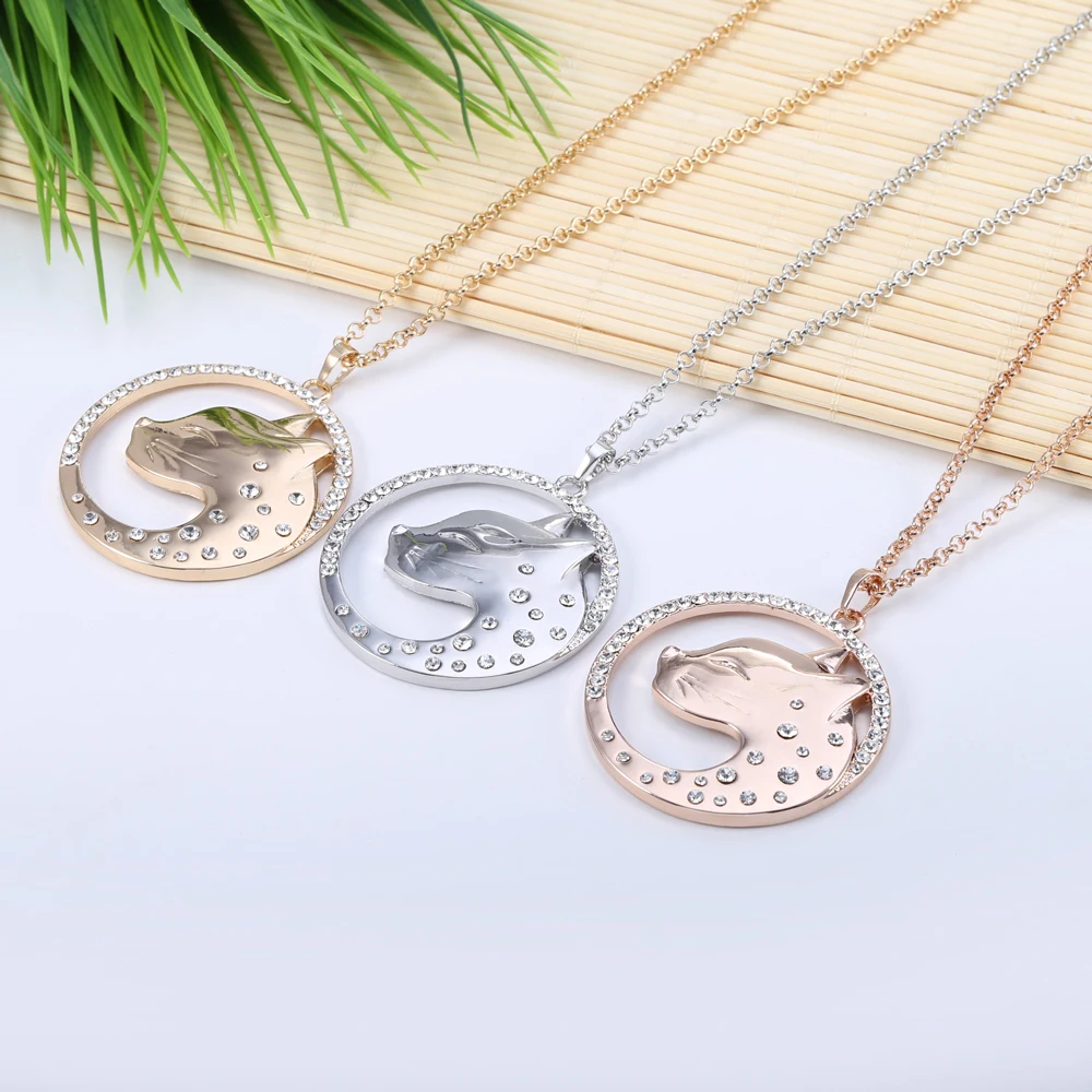 

Elegant Big Gold Cat Pendant Necklace for Women Round Crystal Leopard Sweater Chain Long Necklace Fashion Jewelry Statement Gift