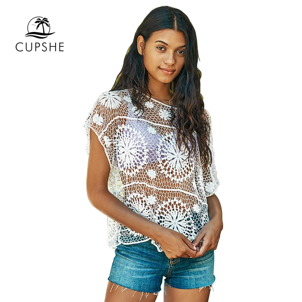 CUPSHE/белые вязаные короткие закрытые сексуальные сетчатые рубашки с вырезом 2019