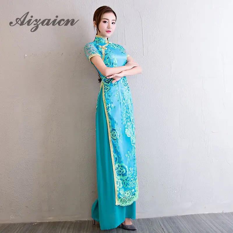 Аозай Вьетнам Cheongsam Qipao модные красного цвета с вышивкой в китайском стиле