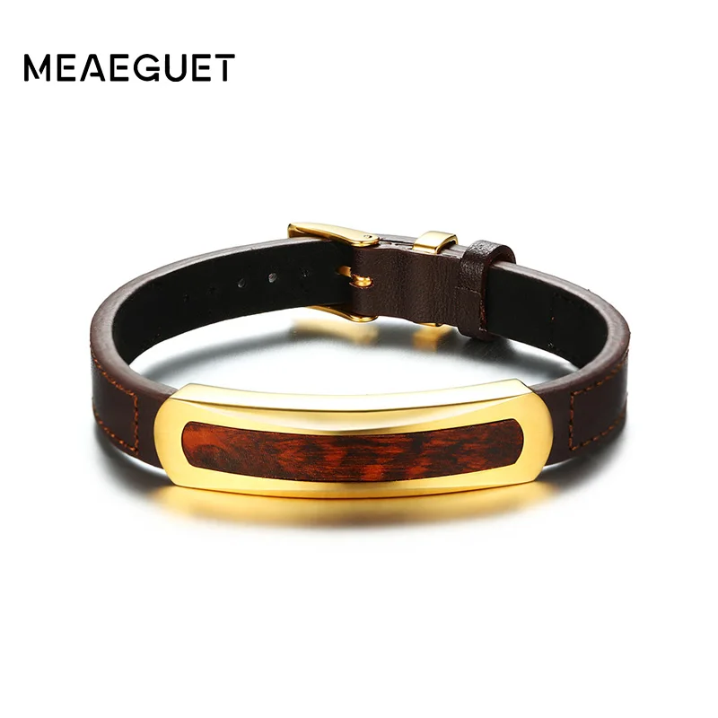 Meaeguet Роскошная серпантиновая деревянная подвеска браслеты из натуральной кожи и браслеты ювелирные изделия для мужчин Нержавеющая сталь ремешок для часов не аллергия