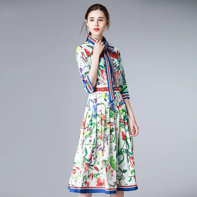 Высокое качество 2018 Весна с цветочным принтом комплекты Для женщин 3/4 рукавом