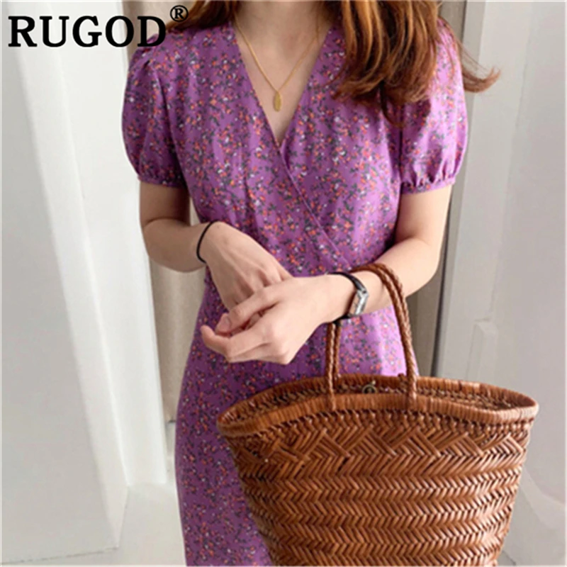 Женское платье с v образным вырезом RUGOD фиолетовое средней длины рукавами