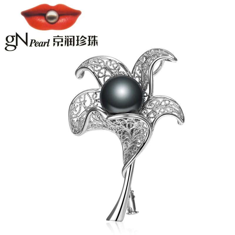 GNpearl Bauhinia цветок черный морской жемчуг брошь 925 пробы Серебряная