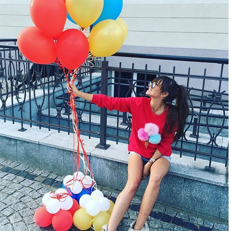 Aikoar Для женщин Симпатичные Pom печатных с круглым вырезом и длинными рукавами