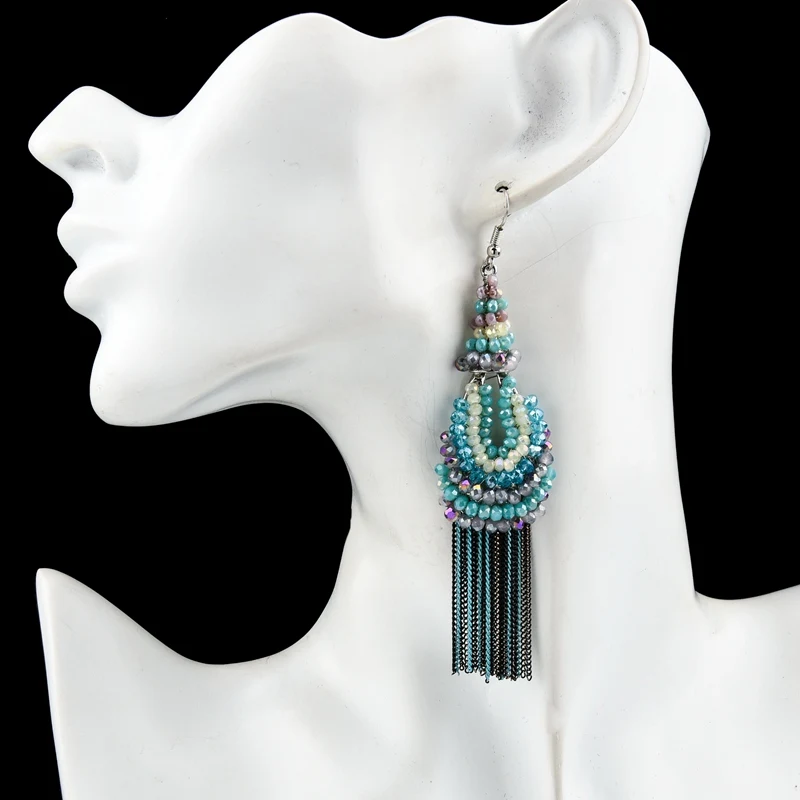 Женские серьги с синими кристаллами LongWay этнические богемные длинные висячие из