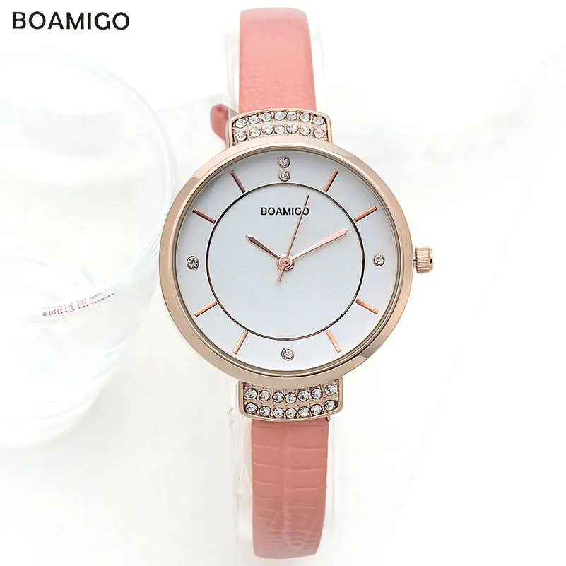 Модные женские кварцевые часы BOAMIGO с кожаным ремешком, роскошные Брендовые женские часы стразы, женские белые наручные часы