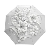 full automatic 3d floral guarda chuva white sun protection three folding umbrella rain women anti uv outdoor travel sombrinha