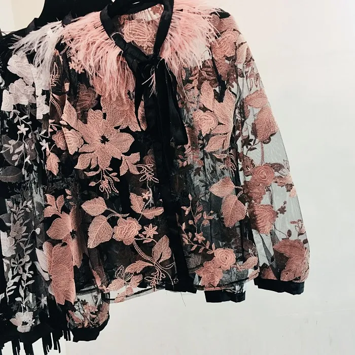 Уитни Ван 2019 Весенняя мода уличная страуса перо лоскутное кружево Florals Вышивка