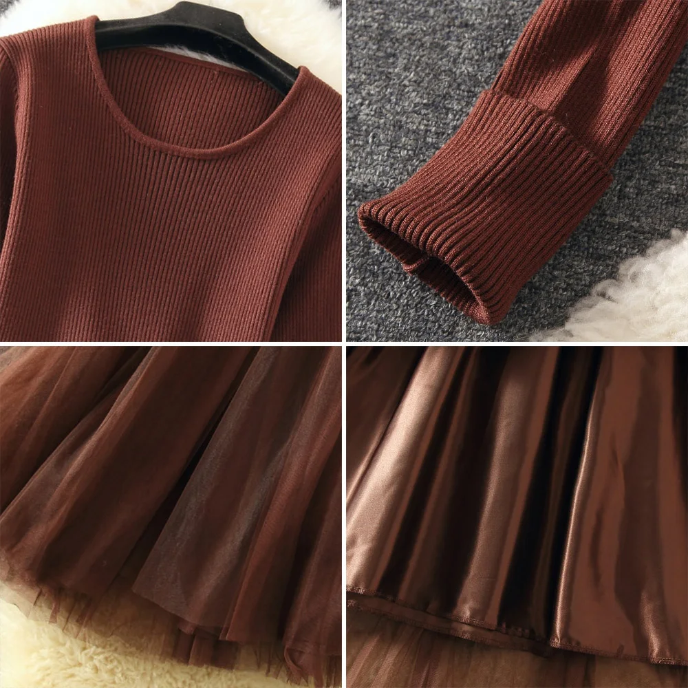 ALPHALMODA новинка вязаный свитер с длинными рукавами Лоскутная марлевая юбка