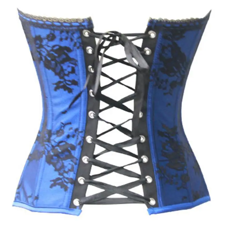 Синий Атлас и черный цветочный кружево Готический сексуальный корсетные корсеты
