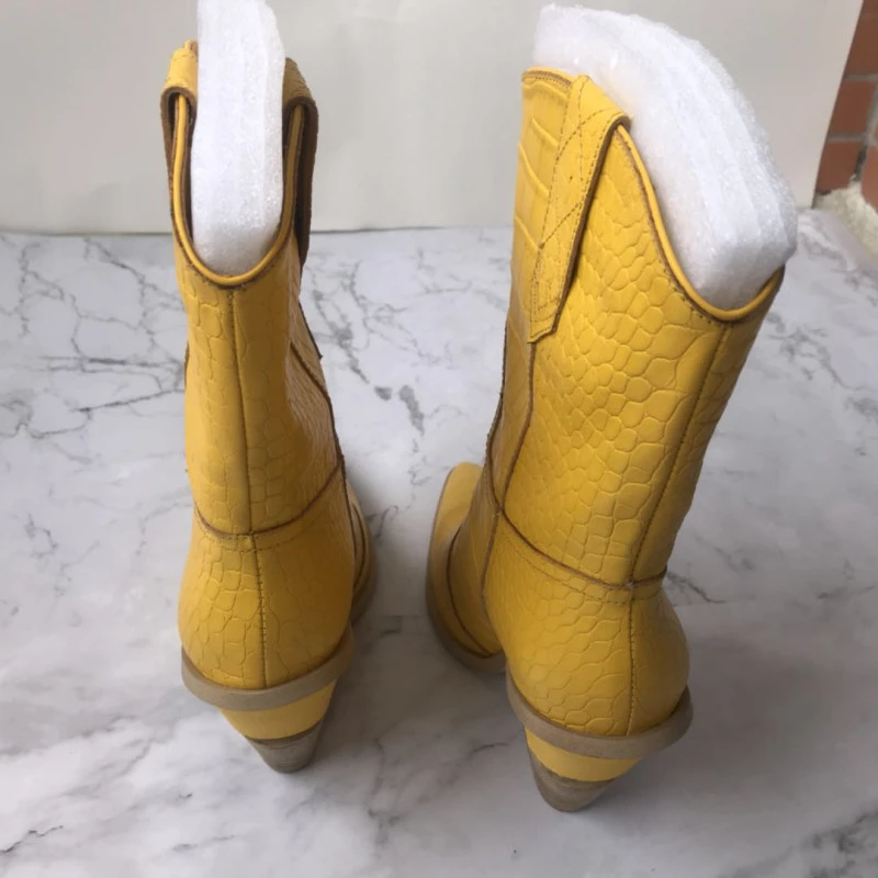 BuonoScarpe/ботинки в ковбойском стиле из крокодиловой кожи; Botas Mujer; ковбойские ботинки для женщин; дизайнерские ботинки до середины икры на массивной танкетке;