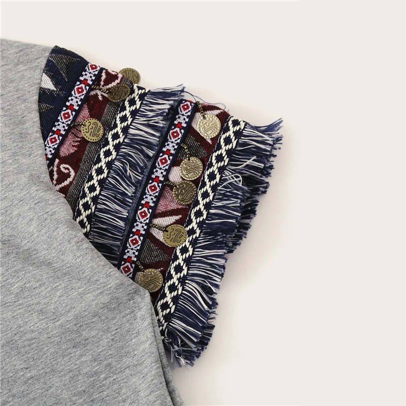 SHEIN, народный стиль, бахрома, отделка, Heathered Tee, Повседневная футболка, женская,, летняя, короткий рукав, эластичная, Boho, Милая футболка, топы
