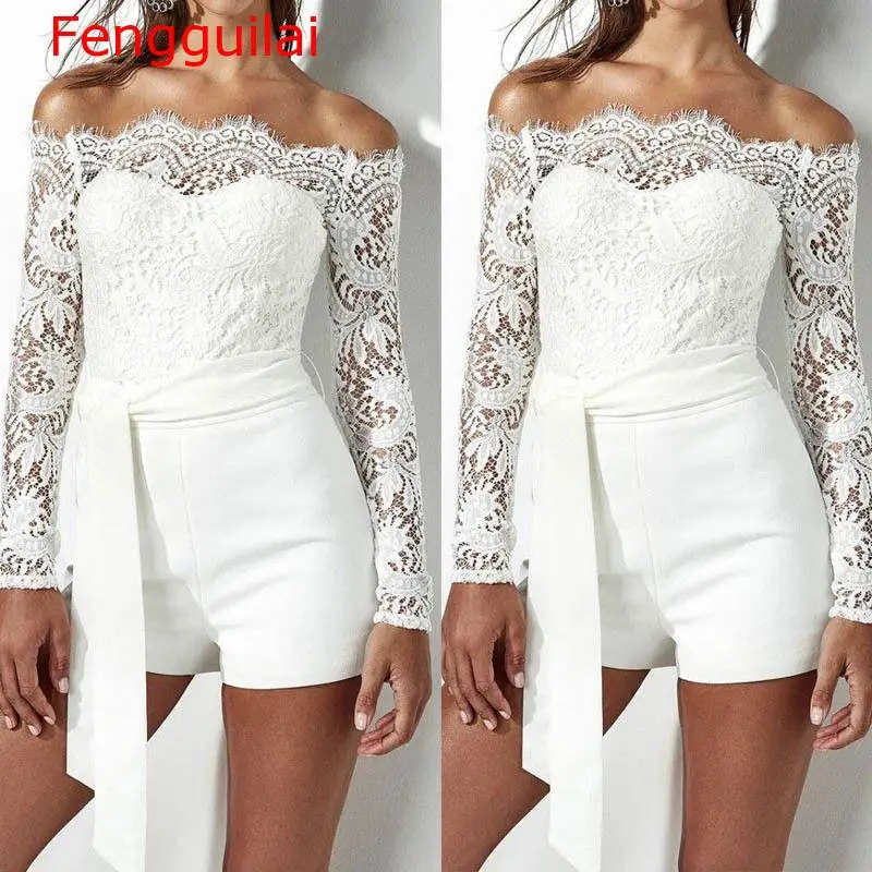 Женский кружевной комбинезон белый Облегающий с открытыми плечами короткие
