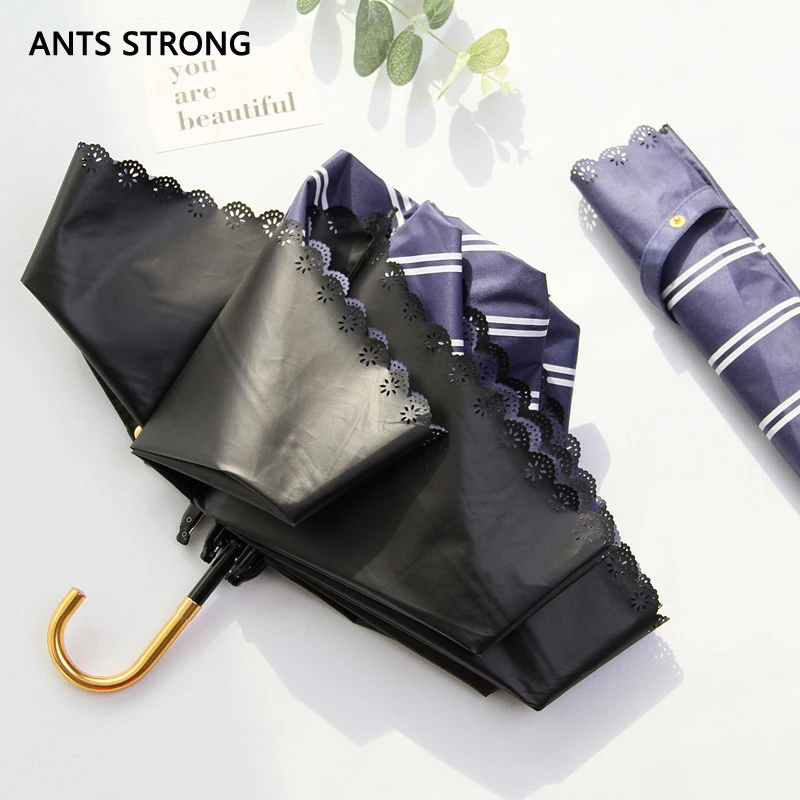 Муравьи сильный изогнутой ручкой полые Кружева Зонты/легкий черное покрытие