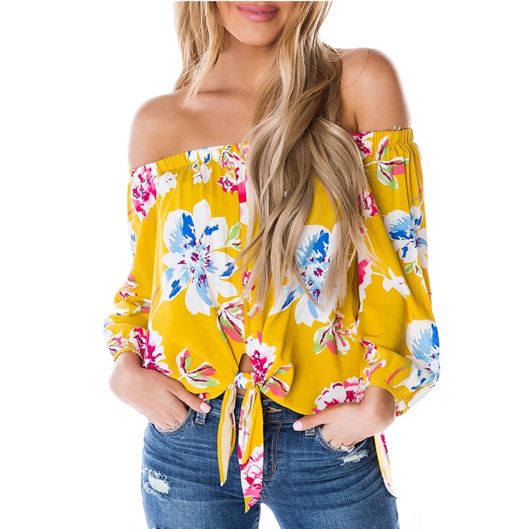 2019 Sexy Off Shoulder Floral Blouse Top Women Summer Half Sleeve Sash Neck Shirt Beach Boho Lace Up Loose Blouses Tunic Femme |