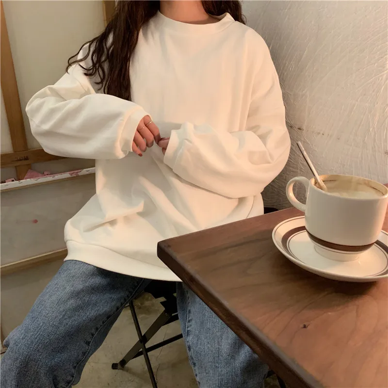 Осень корейский ulzzang мода Свободный Harajuku с длинными рукавами свитер ins простой сплошной цвет o-образным вырезом Повседневная Женская толстовка