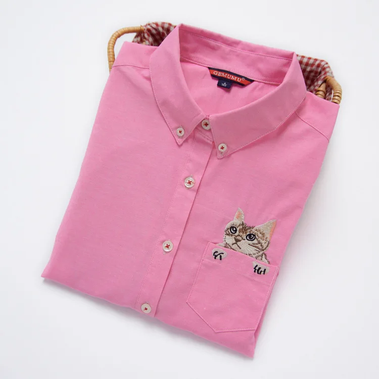 2017 New High Quality Spring Autumn Women Blouse Cats Embroidery Long Sleeve Work Shirts office Tops White Blouses |