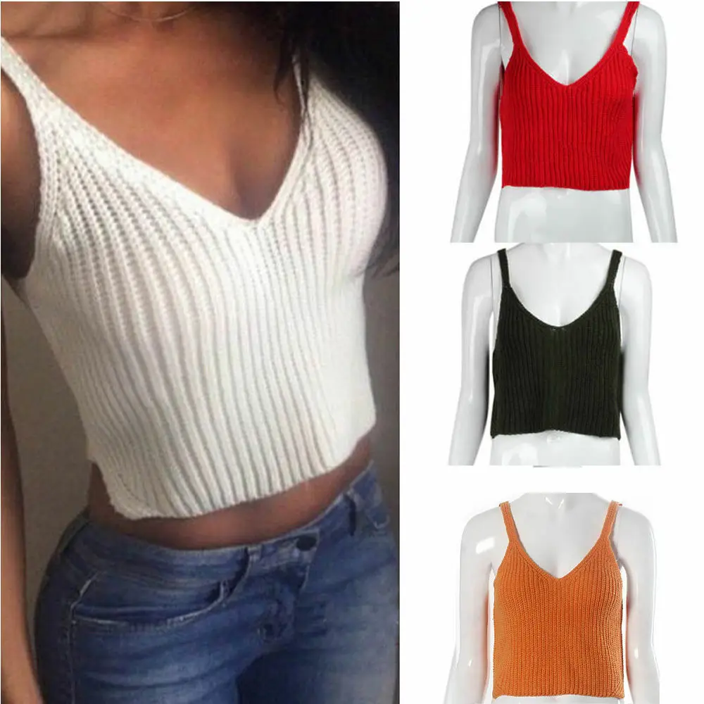 

Women V Neck Knit Tank Tops Boho Off Shoulder Sleeveless Slim Top Casual Solid Color Short Tank Top