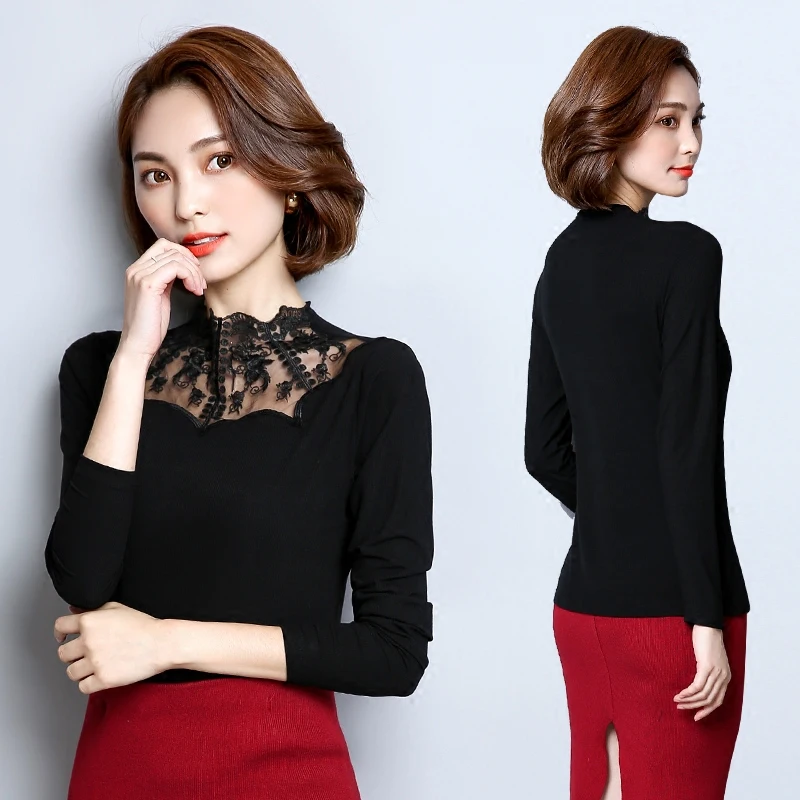 DHfinery top women spring autumn wild hollow lace collar Flower embroidery black one size long sleeve warm  H8983
