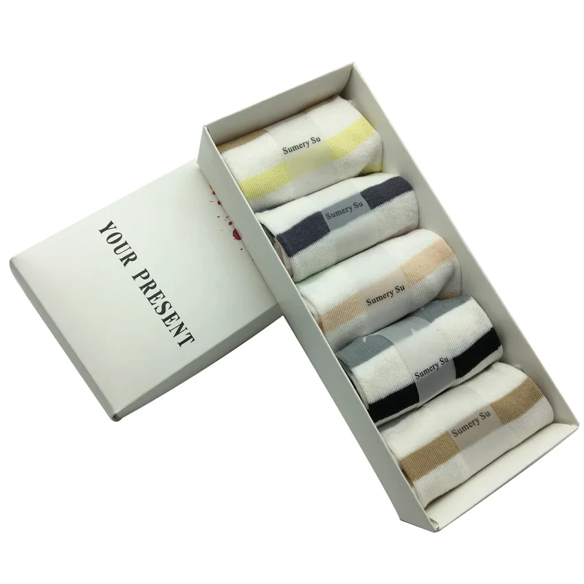 5 пар/лот хлопковые носки до лодыжки женские полосатые Цвет повседневные