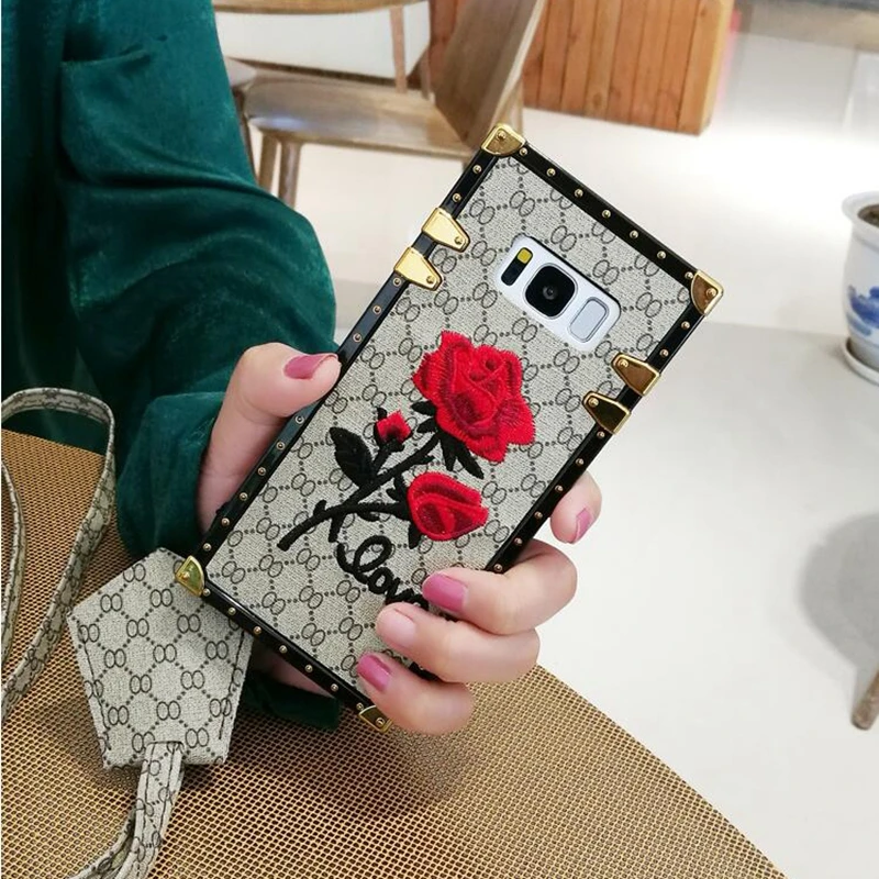 Luxury Embroidery 3D Rose Flower Phone Case For Samsung Galaxy S9 S8 Plus Note 9 Plating border Metal Rivet Square Back Cover |