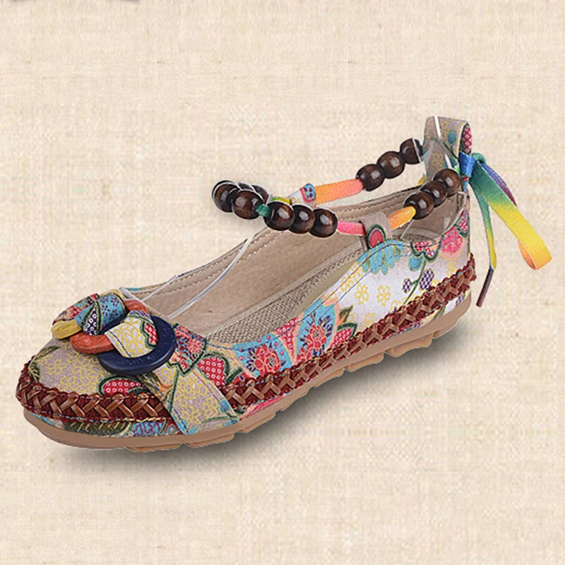 Plus Size 42 Casual Flat Shoes Women Flats Handmade Beaded Ankle Straps Loafers Zapatos Mujer Retro Ethnic Embroidered | Обувь