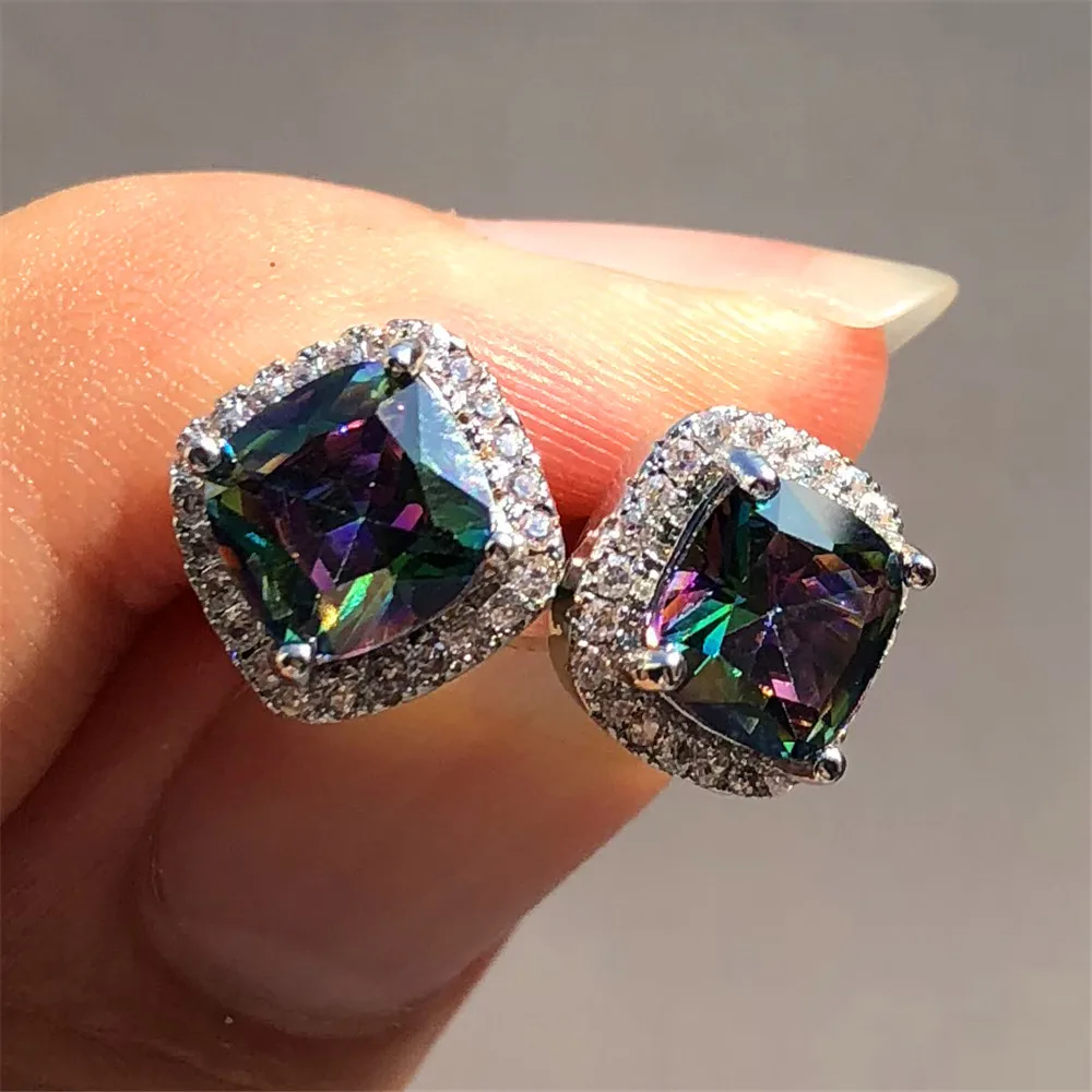 Silver Rainbow Роскошные женские серьги с кристаллами и цирконием, модные 925 пробы, серебряные, желтые серьги, винтажные Двойные серьги-гвоздики для женщин - Окраска металла: Silver Rainbow