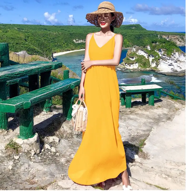 2019 Free shiping New style temperament V Neck Beach dress slim sexy backless Women | Женская одежда