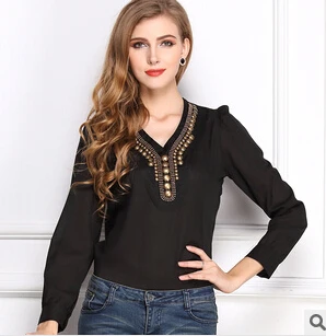 Summer Polka Dot Sequined women tops fashion black v-neck long sleeve chiffon shirt and blouses 2014 new ladies shirts - купить по